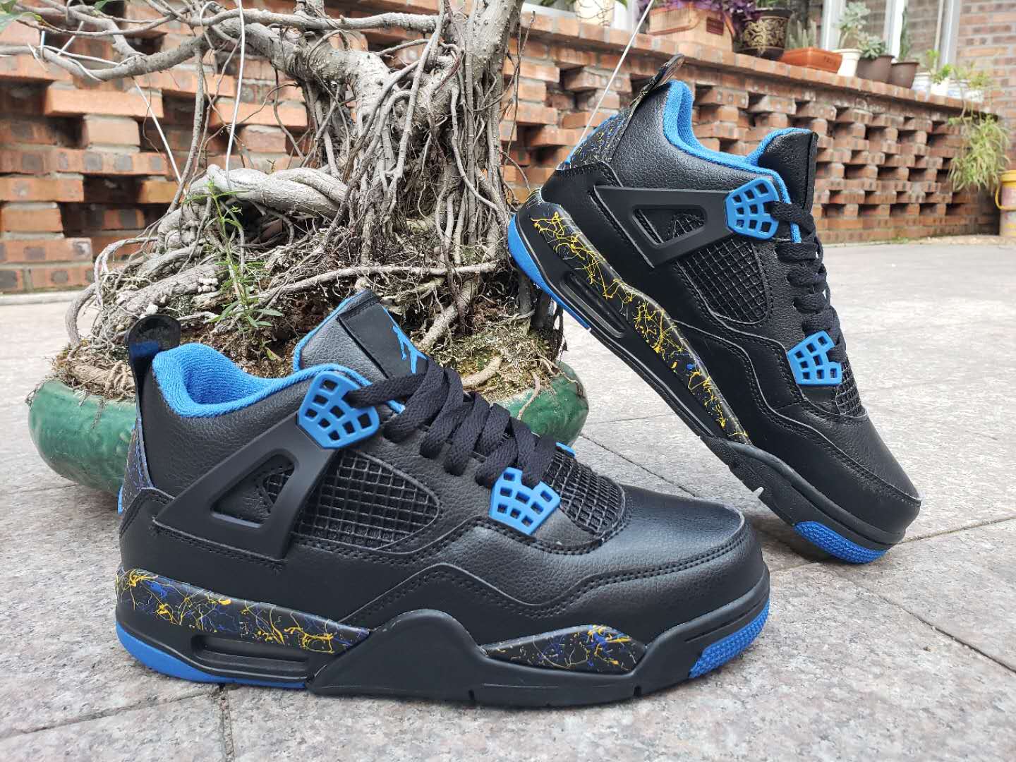 2019 Air Jordan 4 Black Blue Gold Shoes